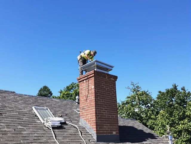Cleveland Heights Chimney Sweep technician measuring a chimney cap in Cleveland Heights, OH